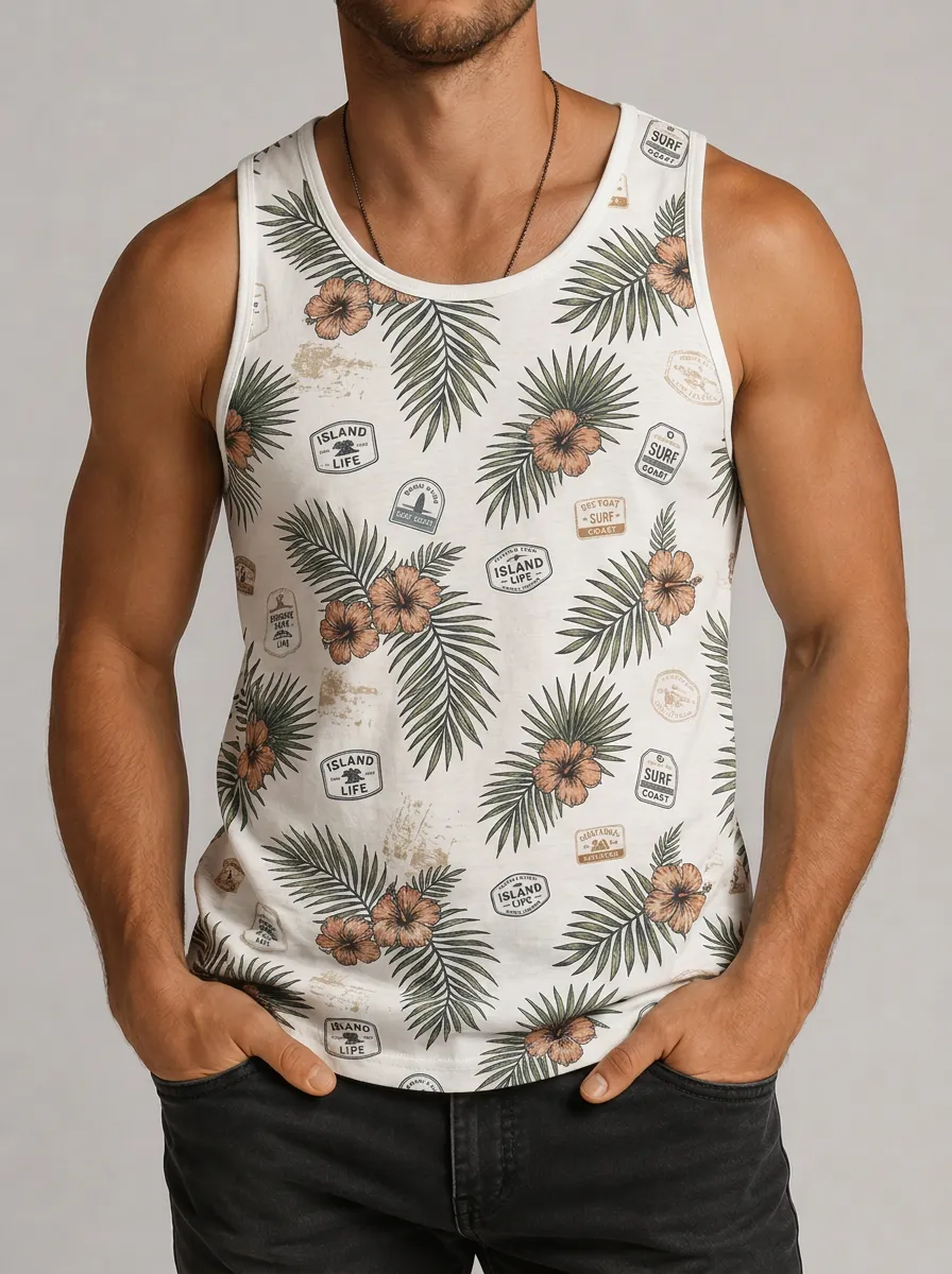 Men's Island Surf Lover Tropical Hibiscus Printed Tank Top