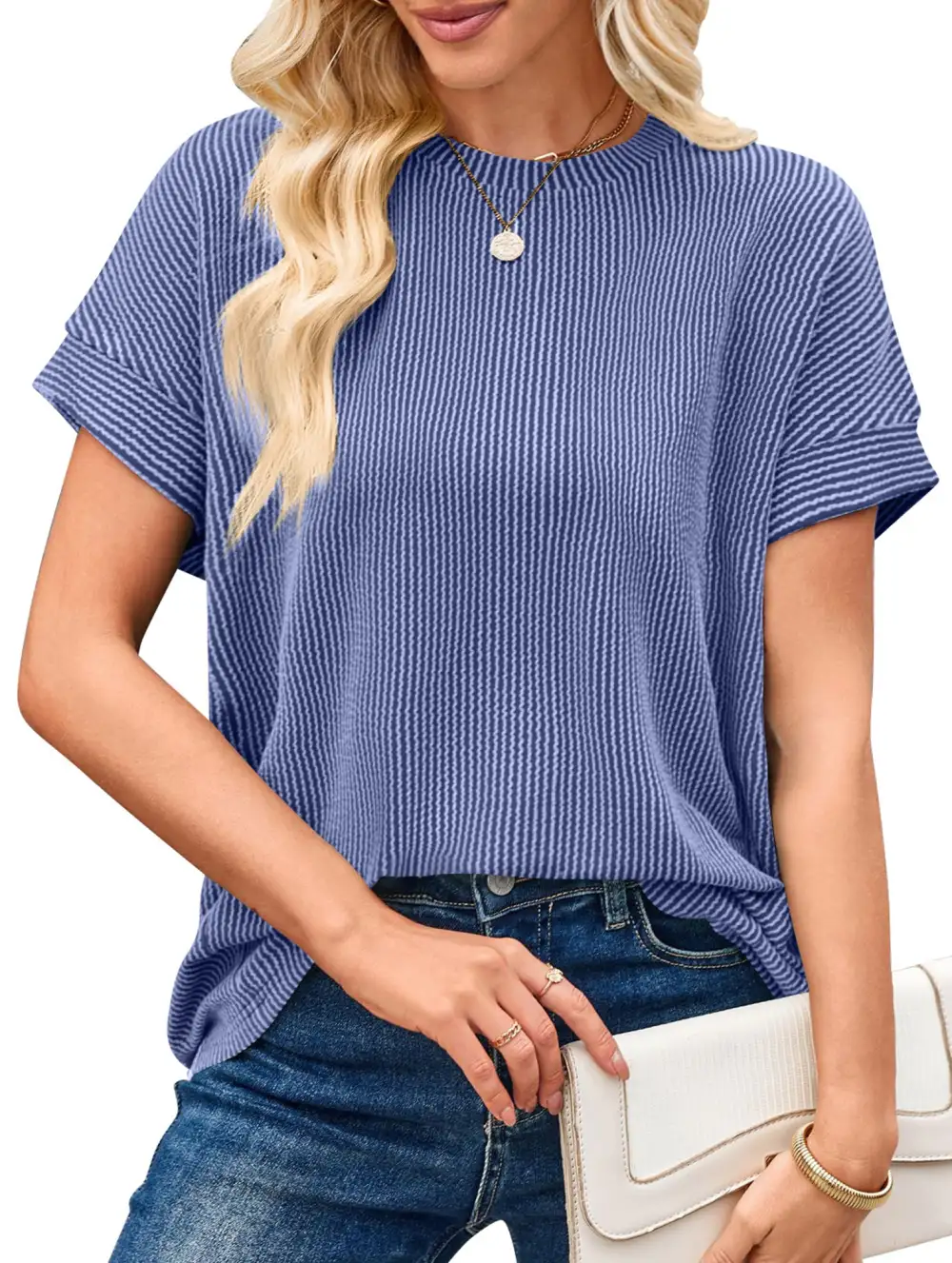 Ribbed Knit Crew Neck Tee