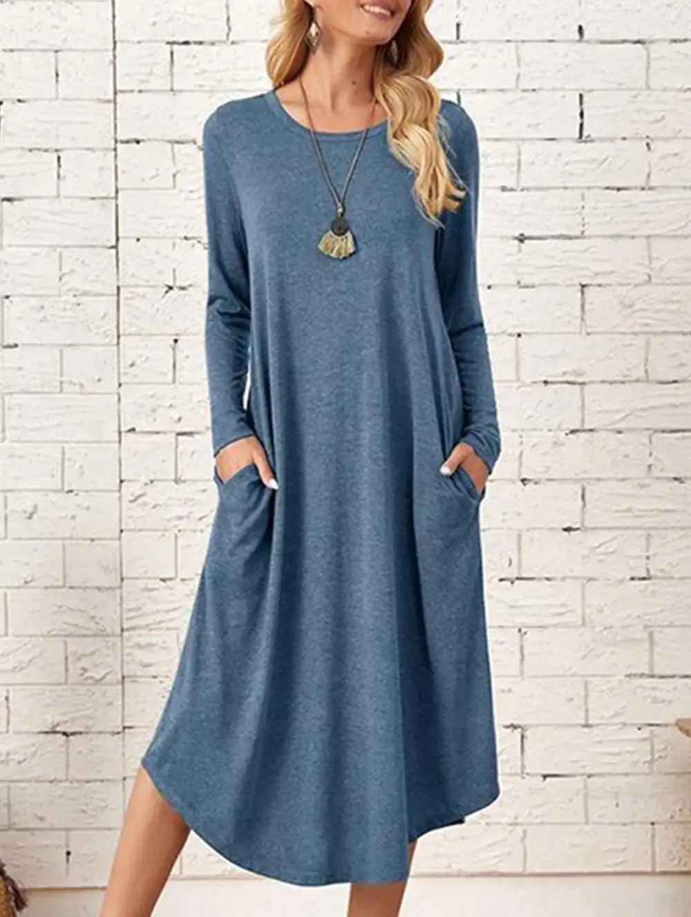 Midi-Length Round Neck Long-Sleeved Dress