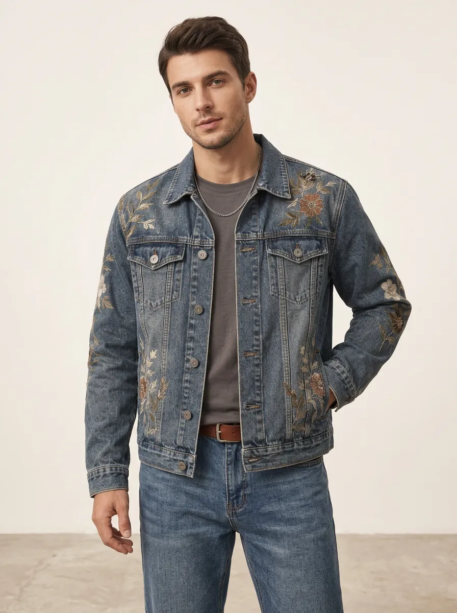 Men's Floral Retro Vintage Inspired Denim Jacket