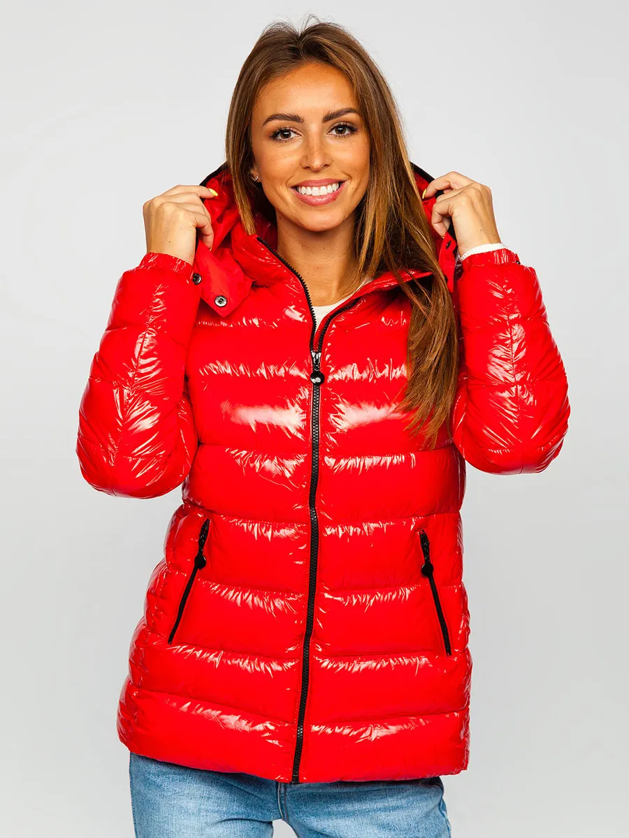 women's red quilted winter jacket with hood