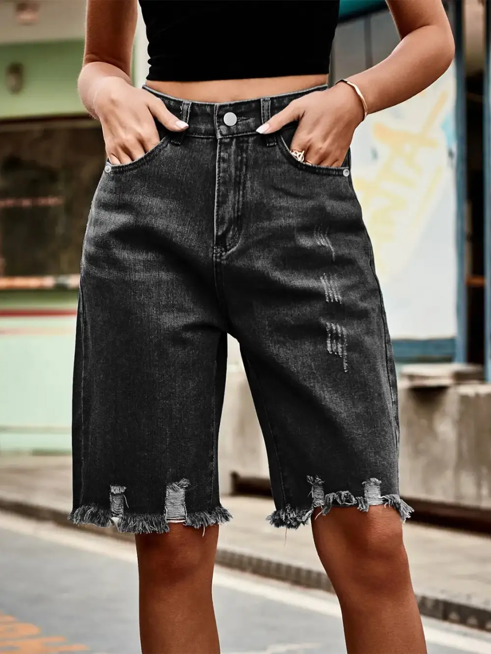 Minimal Raw Hem Denim Shorts