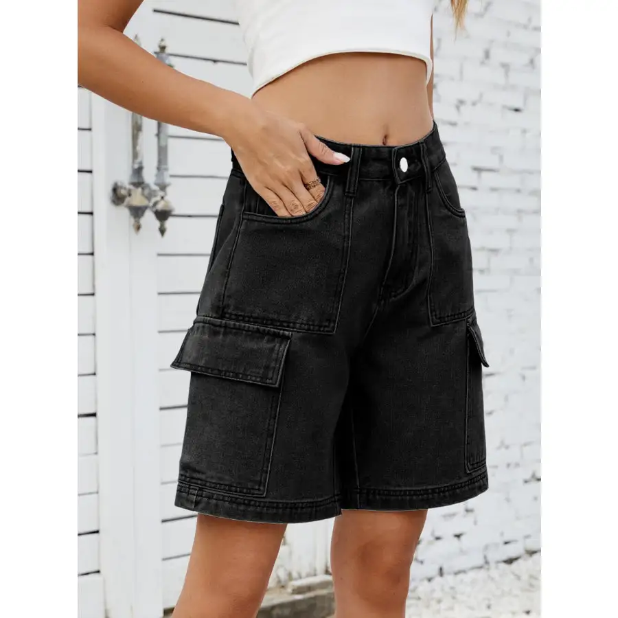 High Waist Denim Shorts with Cargo Pockets