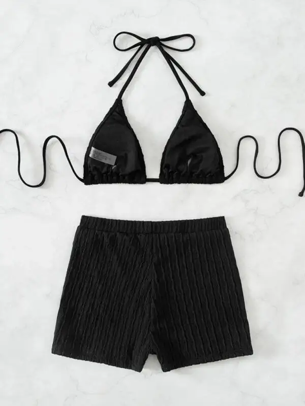 Lace Up Textured Coordinated Bikini Swim Set