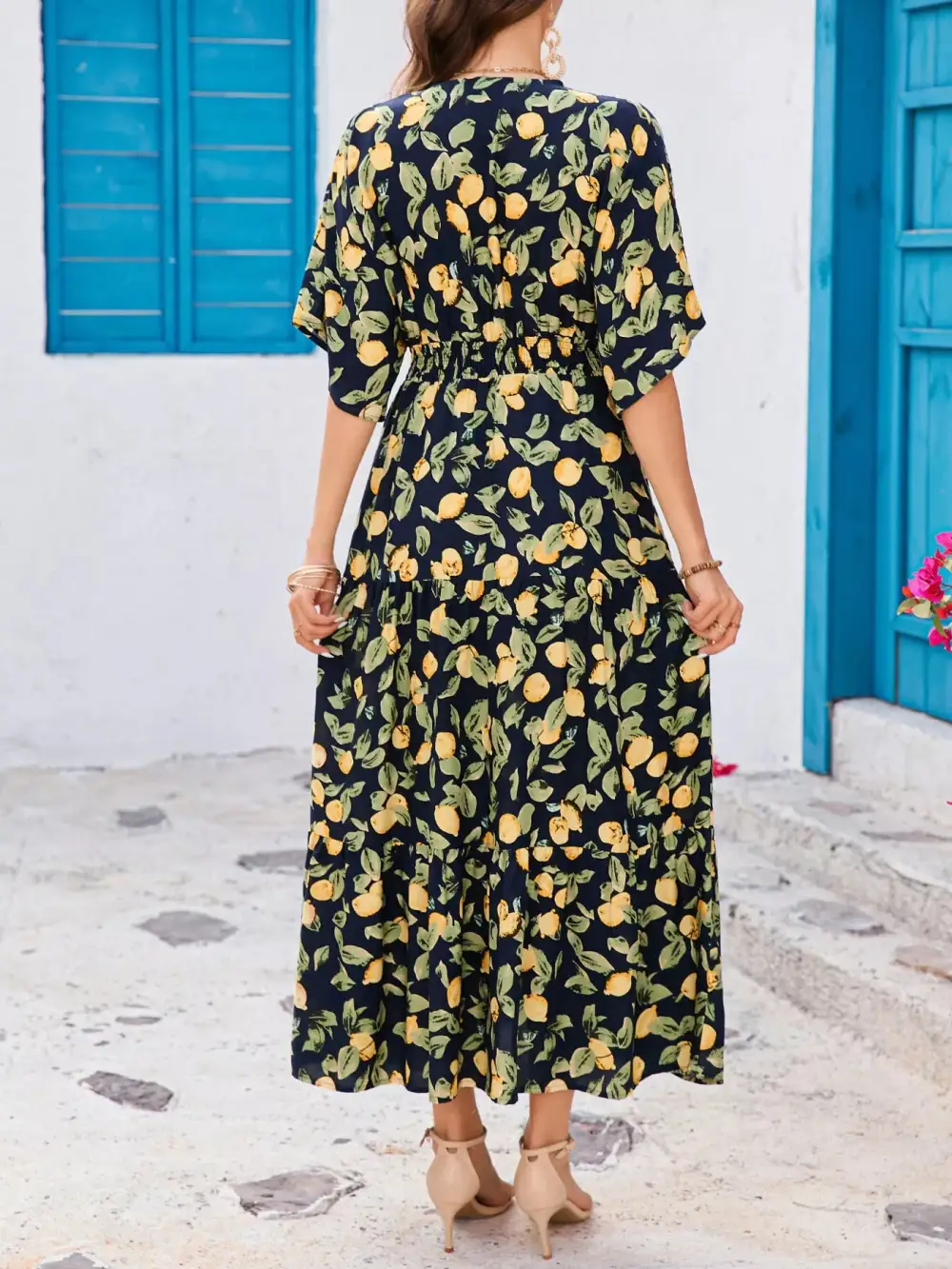 V-Neck Ruffle Hem Flowy Midi Dress