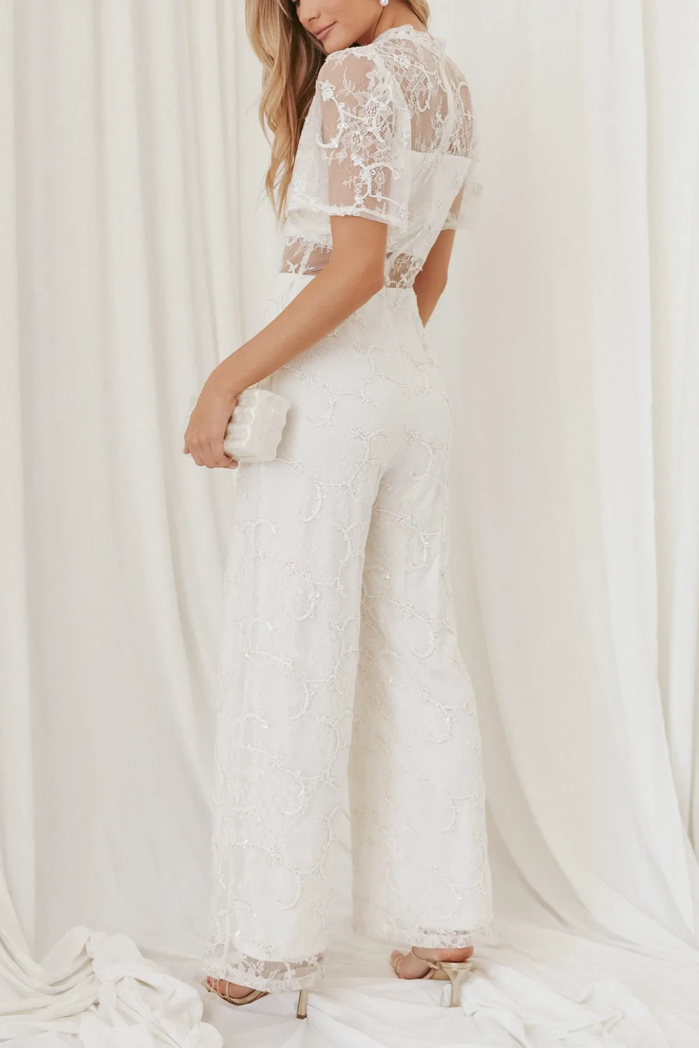Straight-Leg Short-Sleeve Lace Floral Printed Jumpsuit