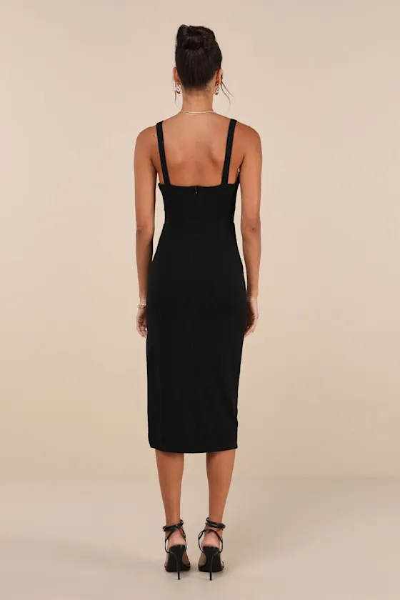 Vibrant Allure Black Square Neck Sleeveless Bodycon Midi Dress