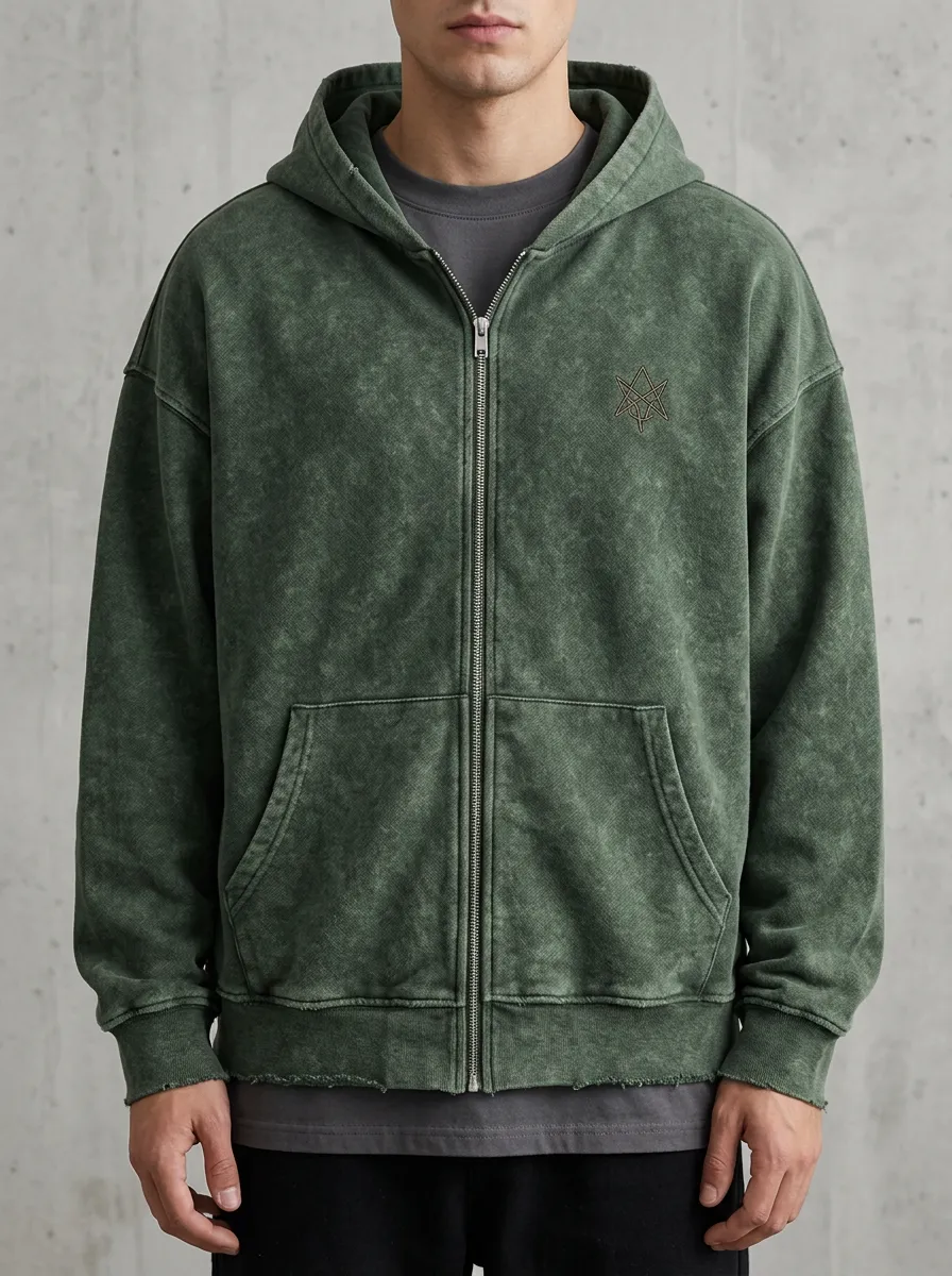 Men's Vintage Green Star Logo Embroidered Zip Up Hoodie