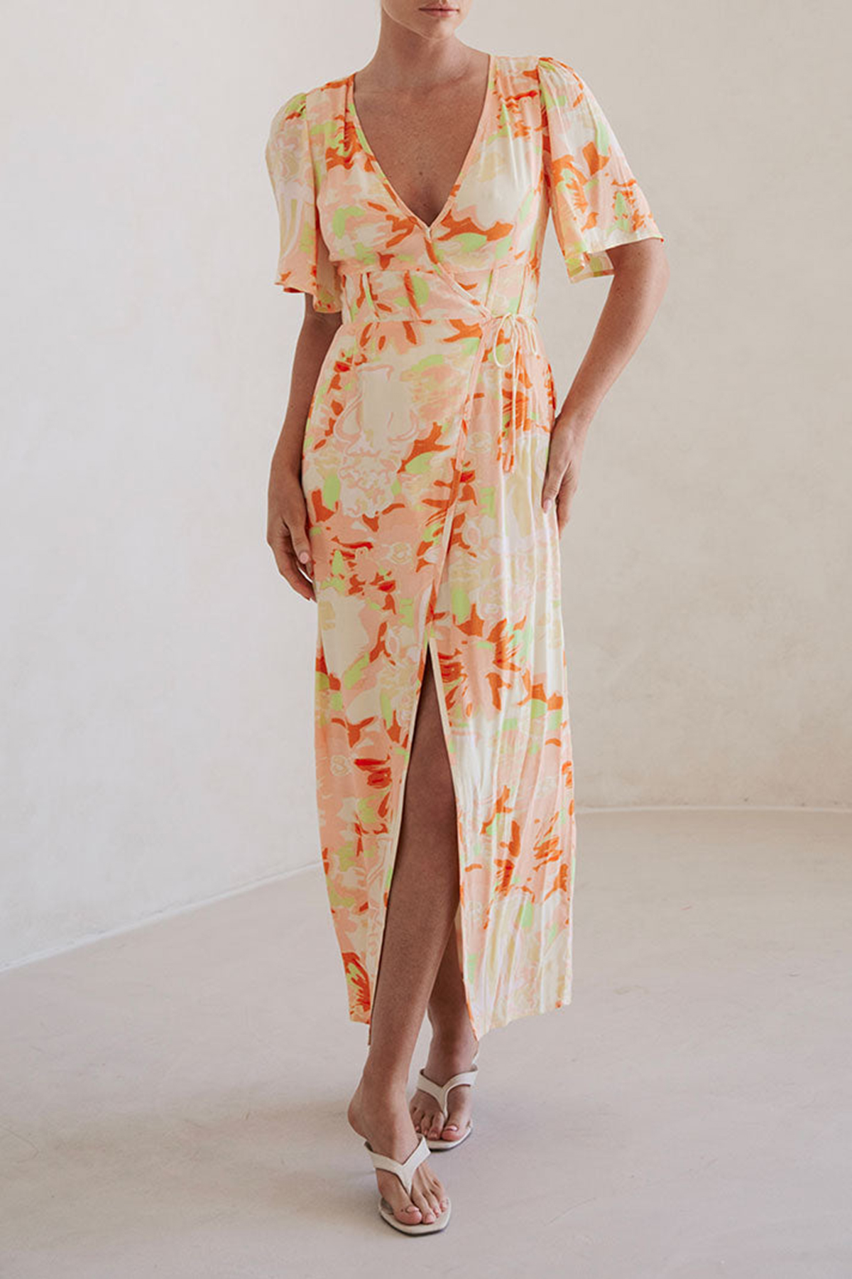 Floral Print Wrap Style Slit Midi Dress
