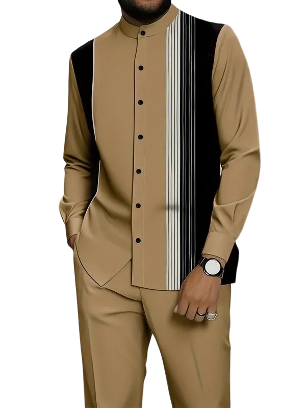 Men's black and white striped button-down shirt with drawstring waist casual pants