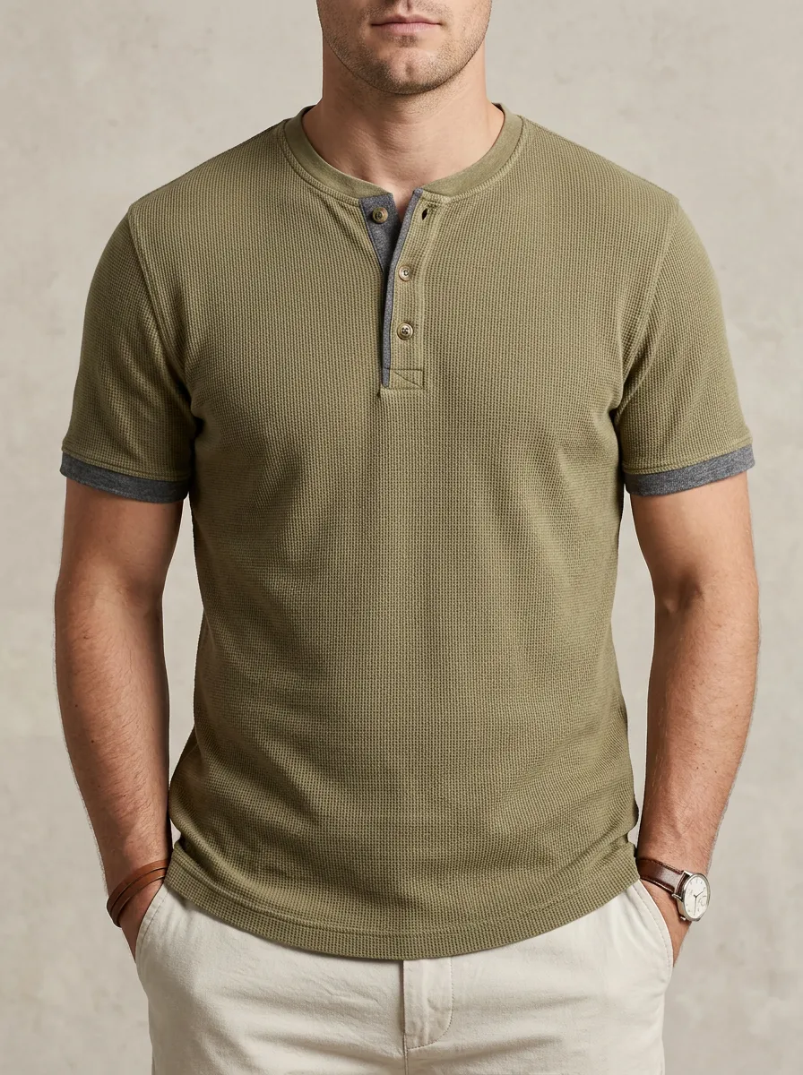 Men's Essential Waffle Knit Button Placket Henley Shirt