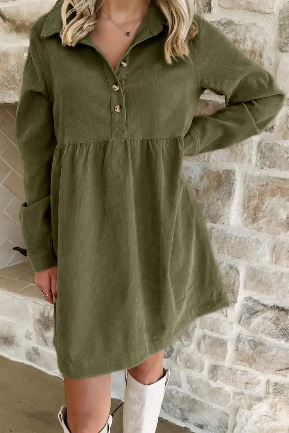 Corduroy Half Button Long Sleeve Mini Dress