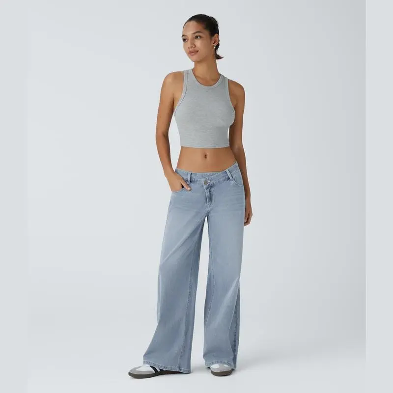 Asymmetric Low Rise Zipper Pockets Baggy Wide Leg Washed Casual Jeans