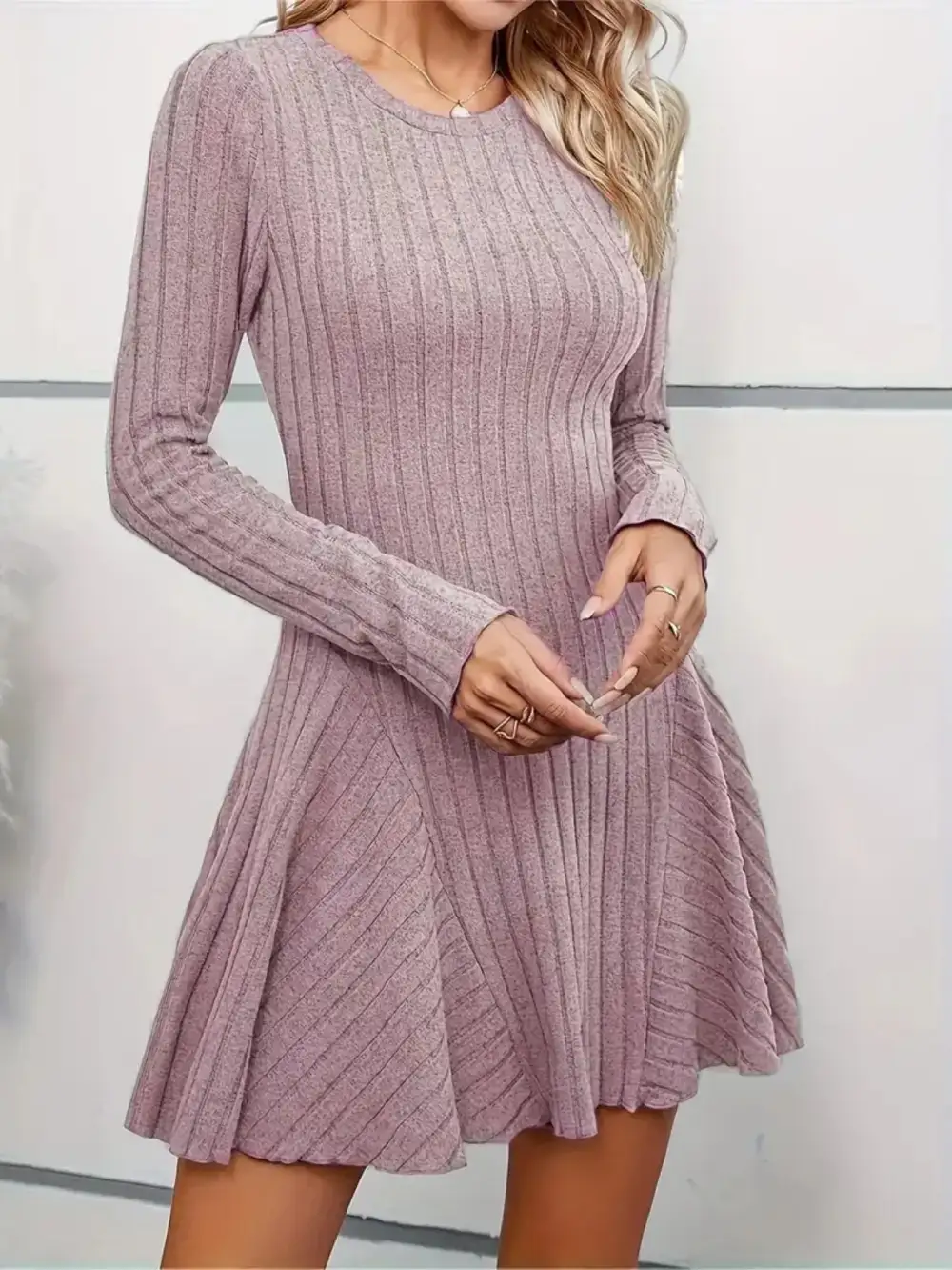 Ribbed Knit Long Sleeve Sweater Dress