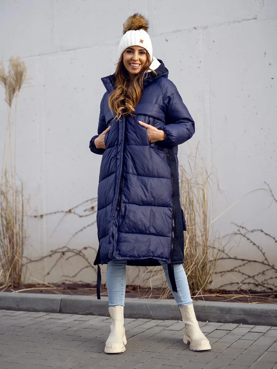 Dark blue women's long winter jacket with hood