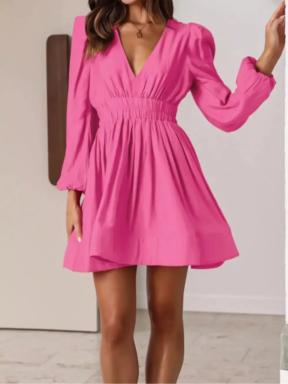 V Neck Long Sleeve Mini Dress
