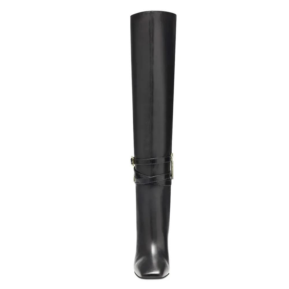 Buckle-Detail Zip-Up Square-Toe Pointed-Toe Knee-High Boots