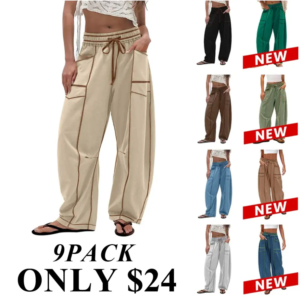 9PACKWomen'S Baggy Barrel Pants Wide Leg LoungeDrawstring Sweatpants With Pockets Minimalist BottomsCasual Style Comfortable Breathable