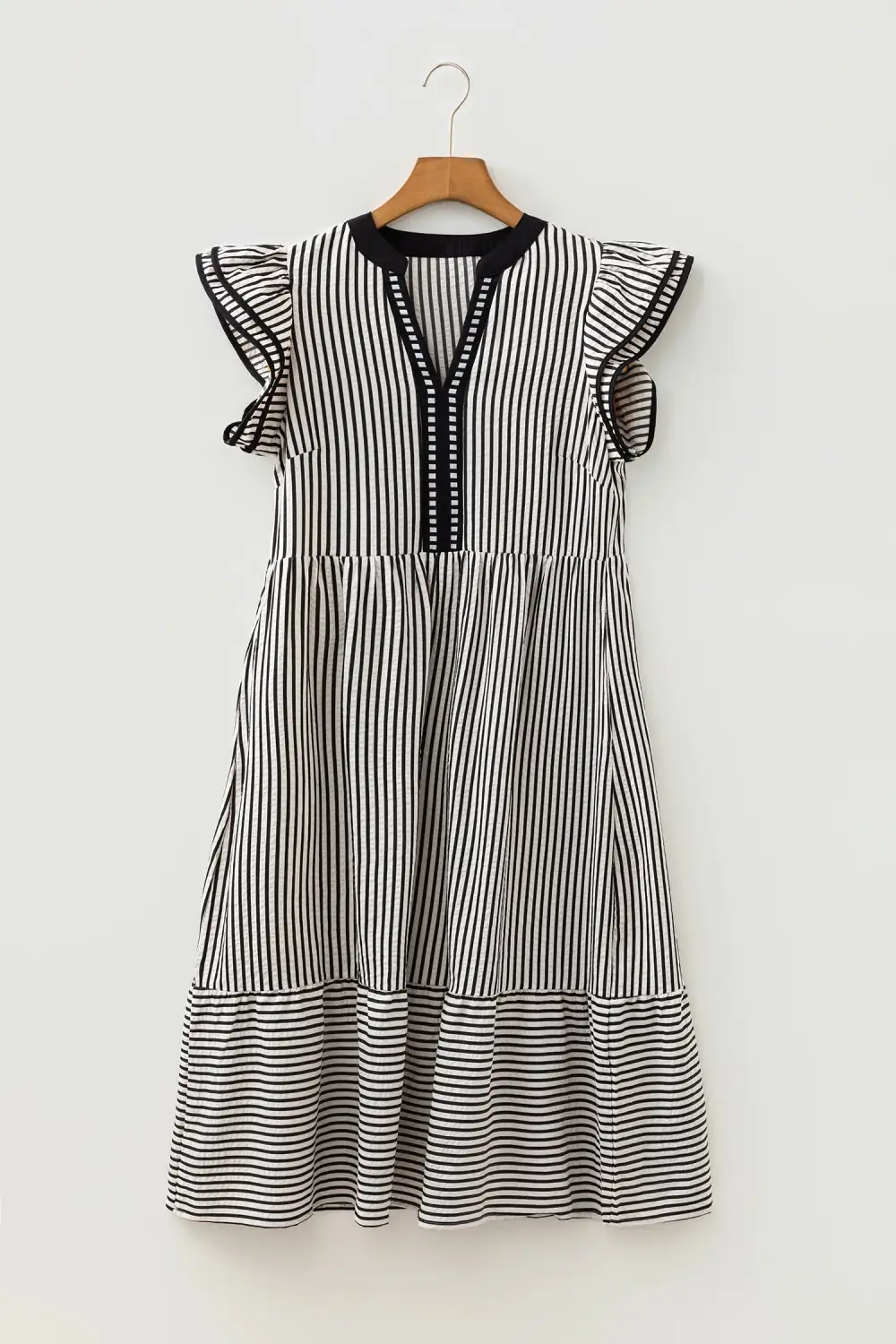 Comfort Fit Striped V Neck Ruffle Midi Dress