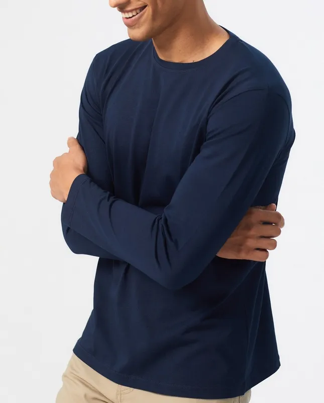 Deep Blue Long Sleeve Cotton Crew Neck T-Shirt