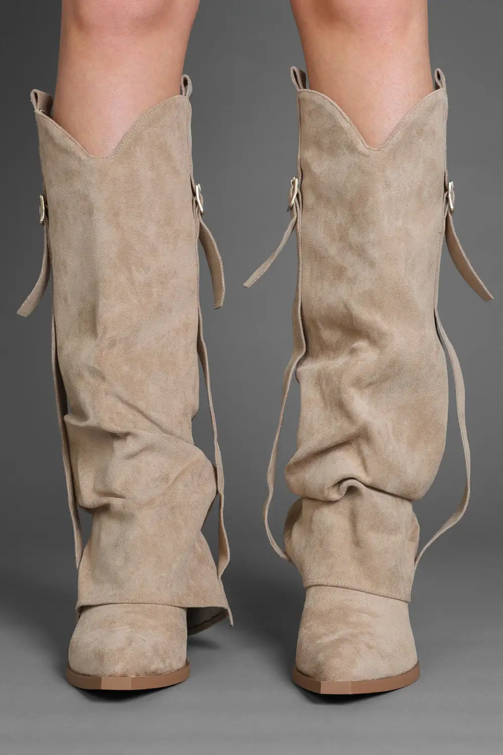 Western Inspired Western Slouch Fold-Over Buckle Detail Knee High Boots