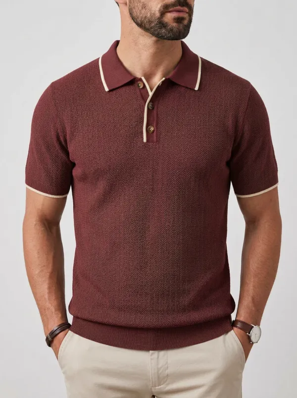 Men's Herringbone Knit Ribbed Textured Polo Shirt