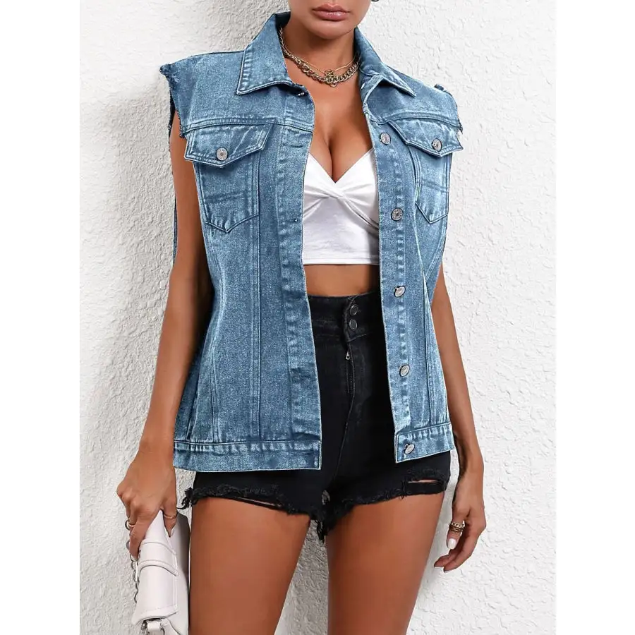 Pocketed Collared Neck Sleeveless Denim Top