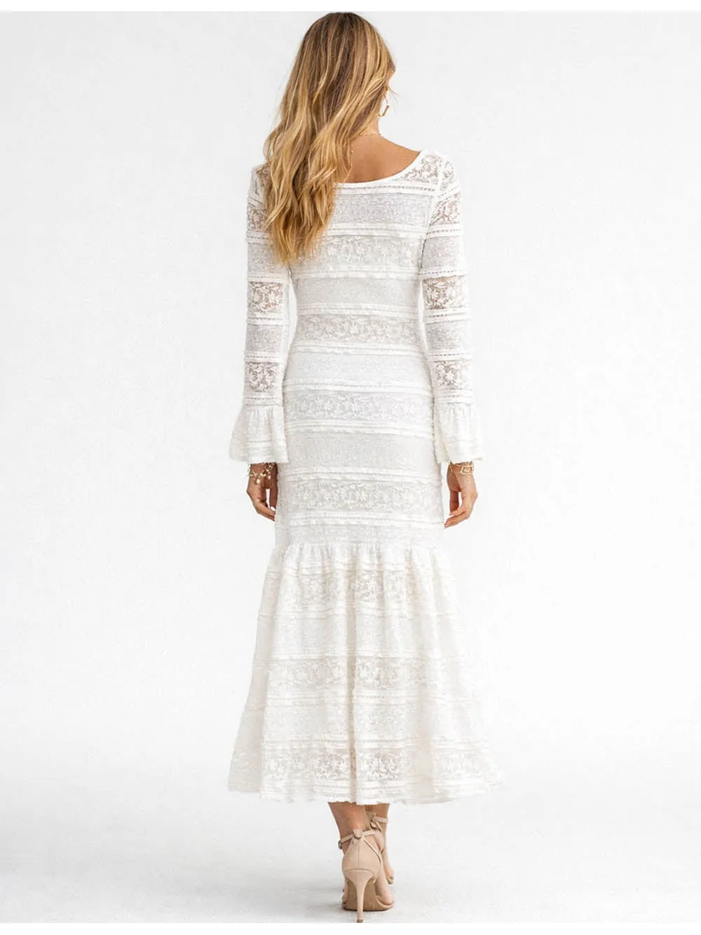 Lace Round Neck Flared Sleeves Bodycon Maxi Dress