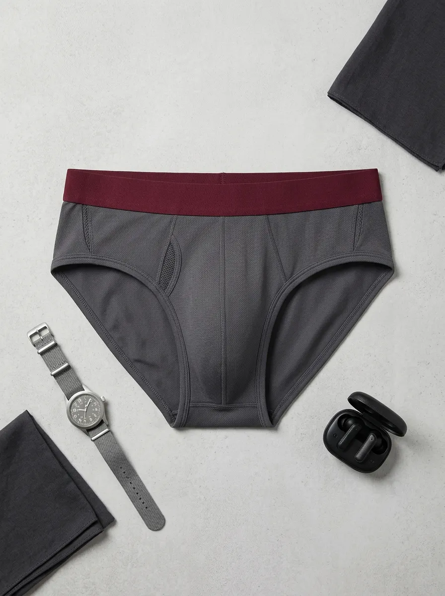 Men's Athletic Performance Grey Maroon Waistband Printed Briefs
