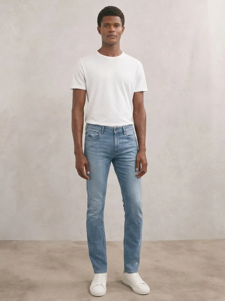 Men's Contemporary Everyday Mountain Logo Embroidered Stretch Denim Jeans