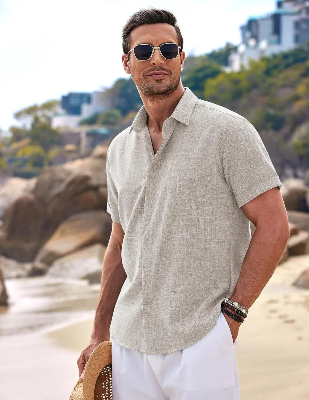 Men's Linen Shirts Short Sleeve Casual Shirts Button Down Shirt for Men Beach Summer Wedding Shirt