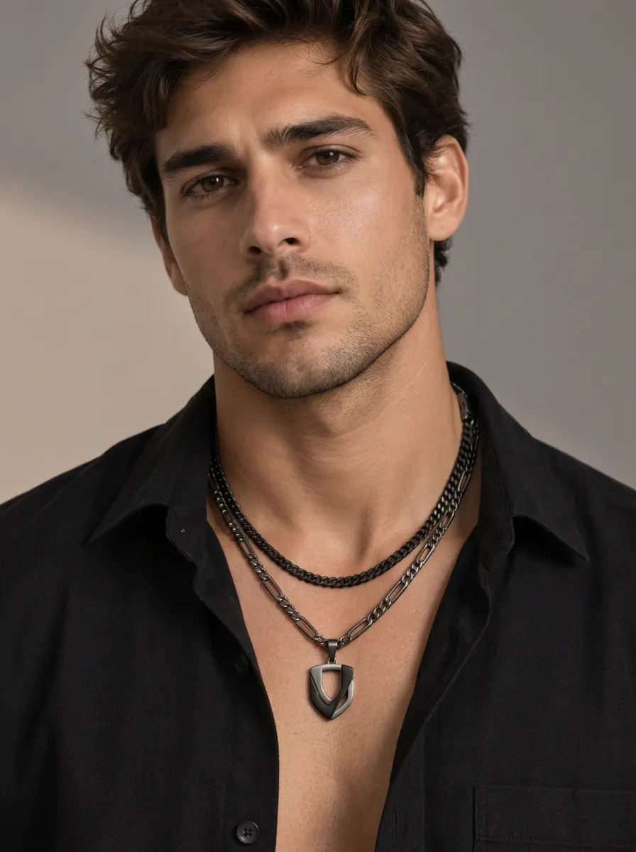 Men's Minimalist Shield Pendant Layered Chain Necklace