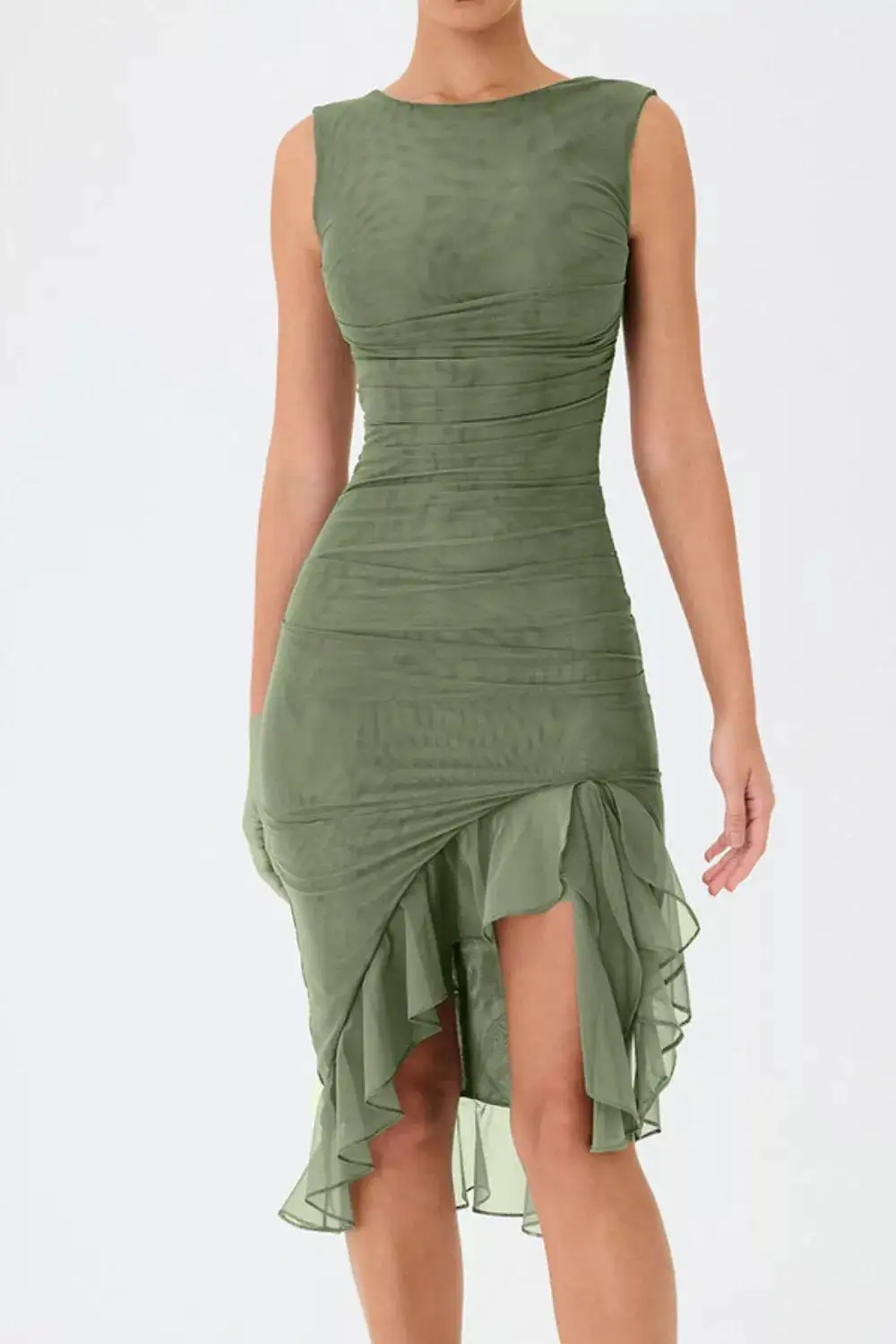 Relaxed Shape Round Neck Ruffle Sleeveless Dress