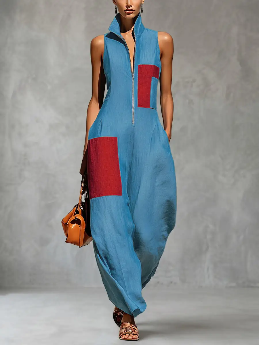 Losse Jumpsuits Met Wijde Pijpen Contrasterende Kleuren Zakken