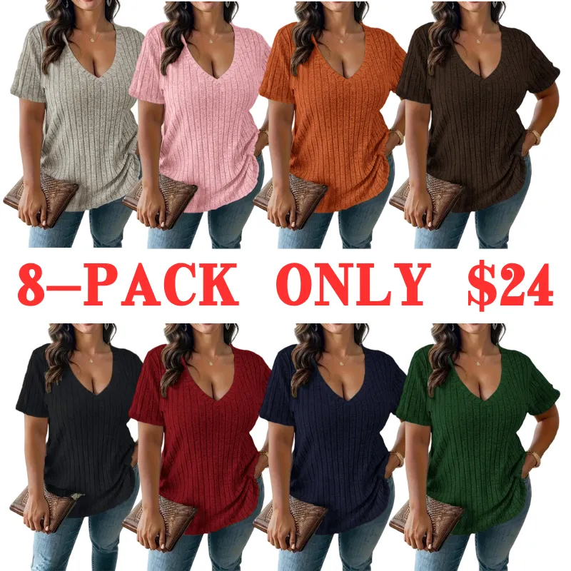 Women Plus Size Summer V-Neck Tee – Casual Short Sleeve Top