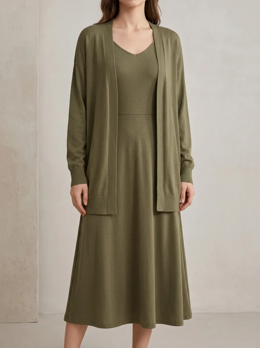 Women's Solid V-Neck Dress and Cardigan Ensemble