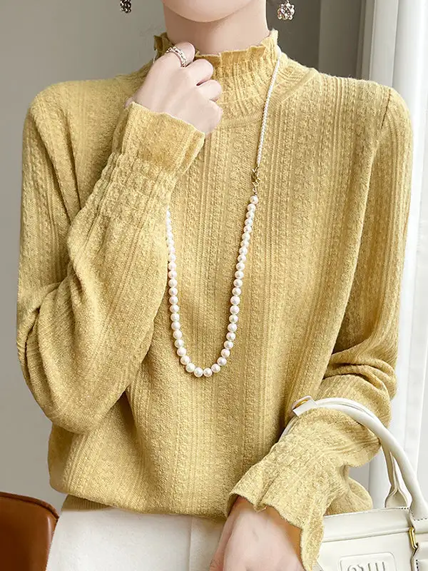 Long Sleeve Relaxed Elasticity Ruffle Trim Mock Neck T-Shirt