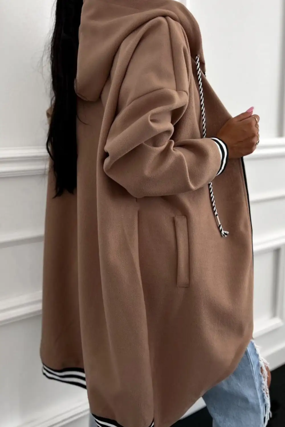 Relaxed Zip Detail Drop Shoulder Contrast Trim Hoodie