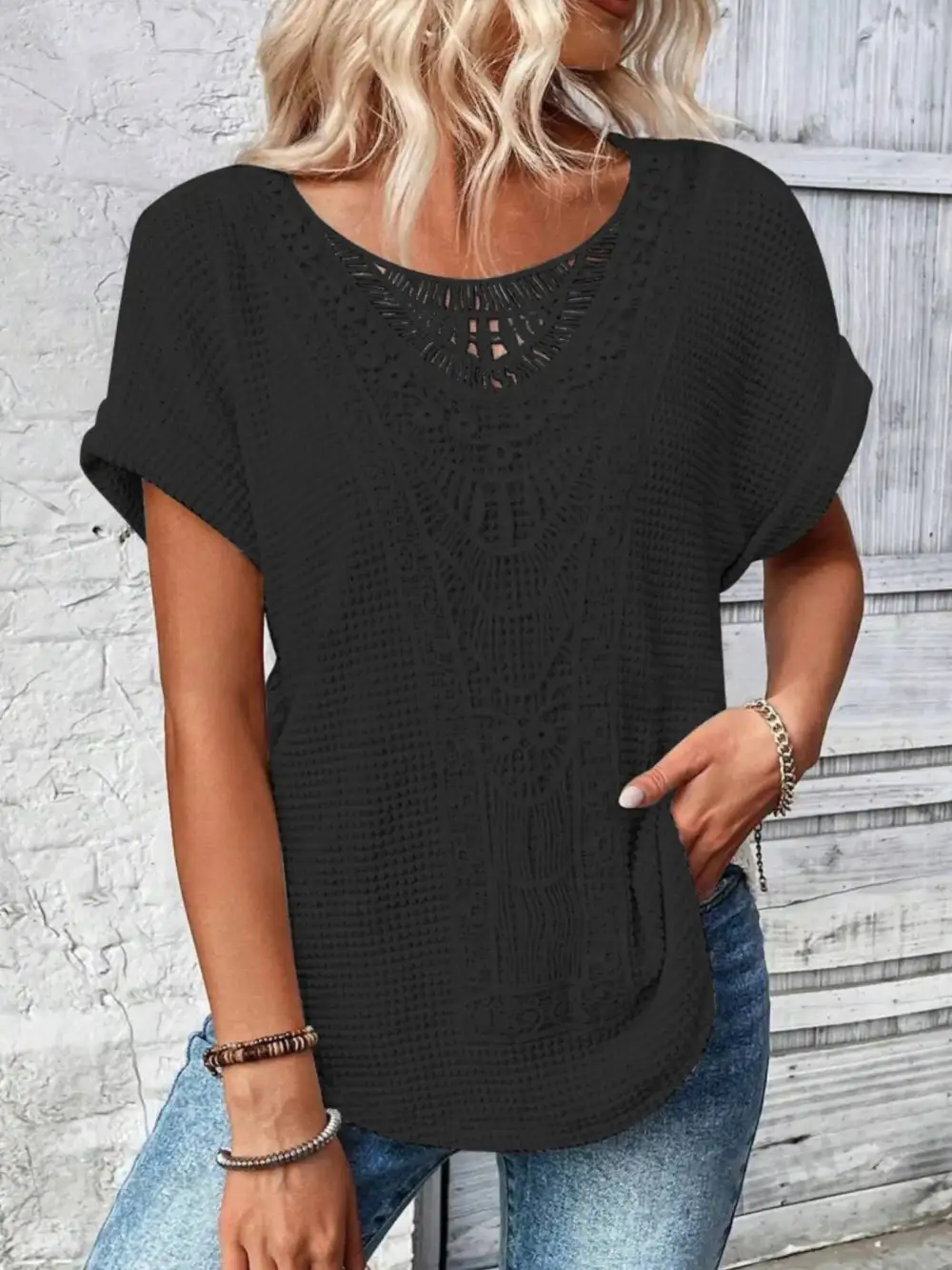 Refined Short-Sleeve Lace-Detail Knit T-Shirt