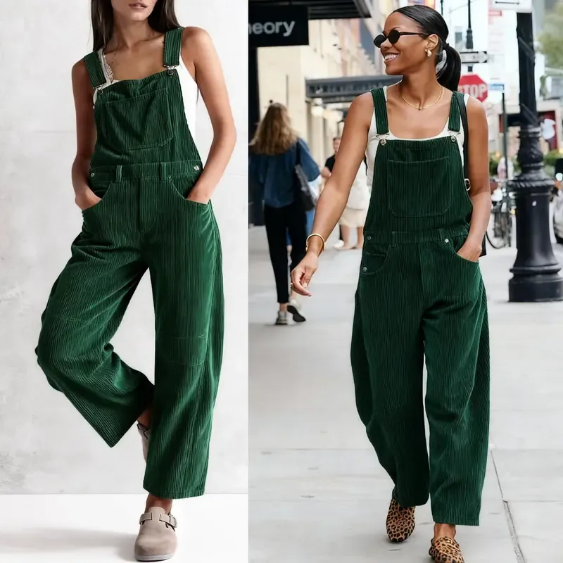Women Barrel Wide Leg Bib Corduroy Pants