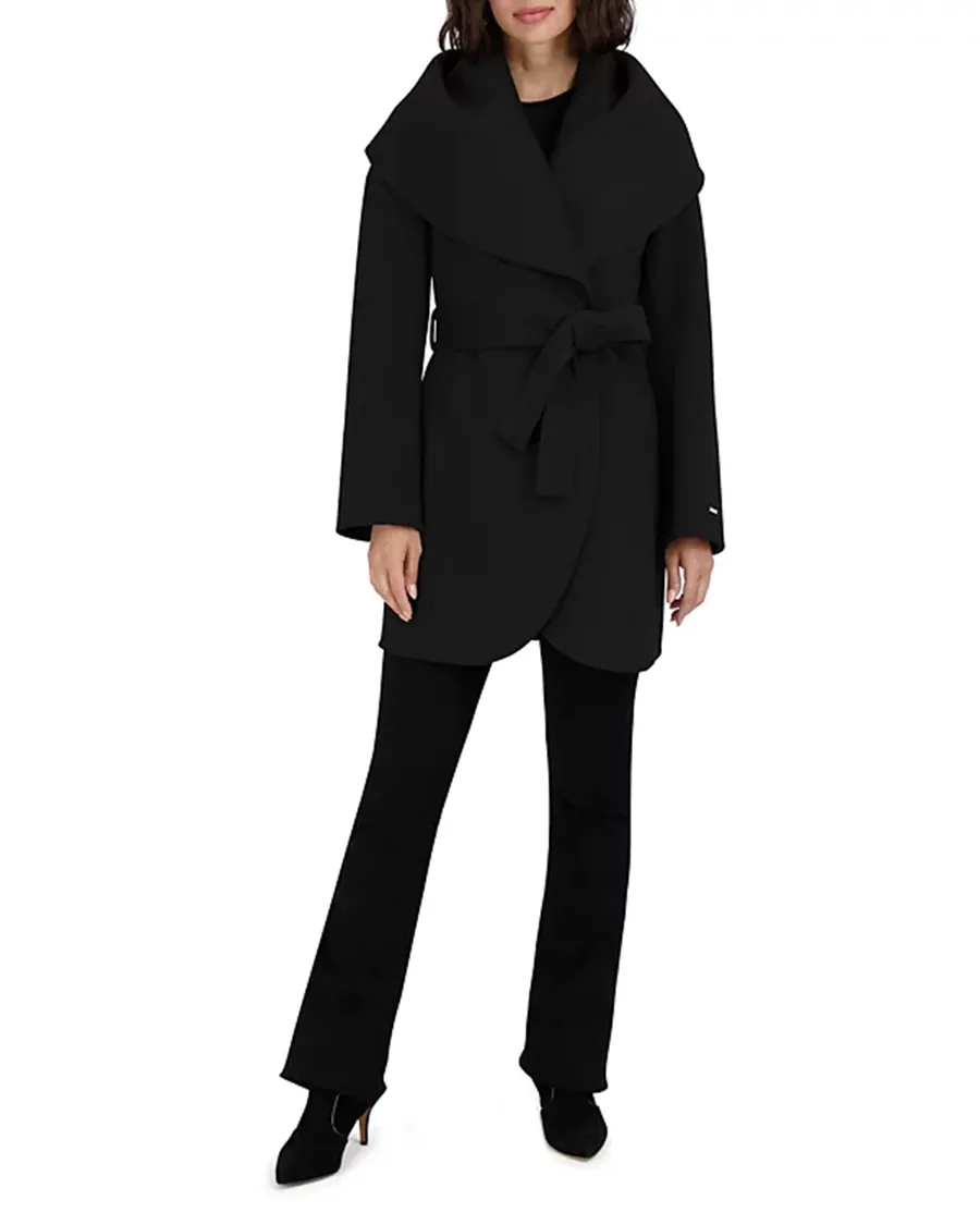 Wing Neckline Long Sleeves Belted Coat