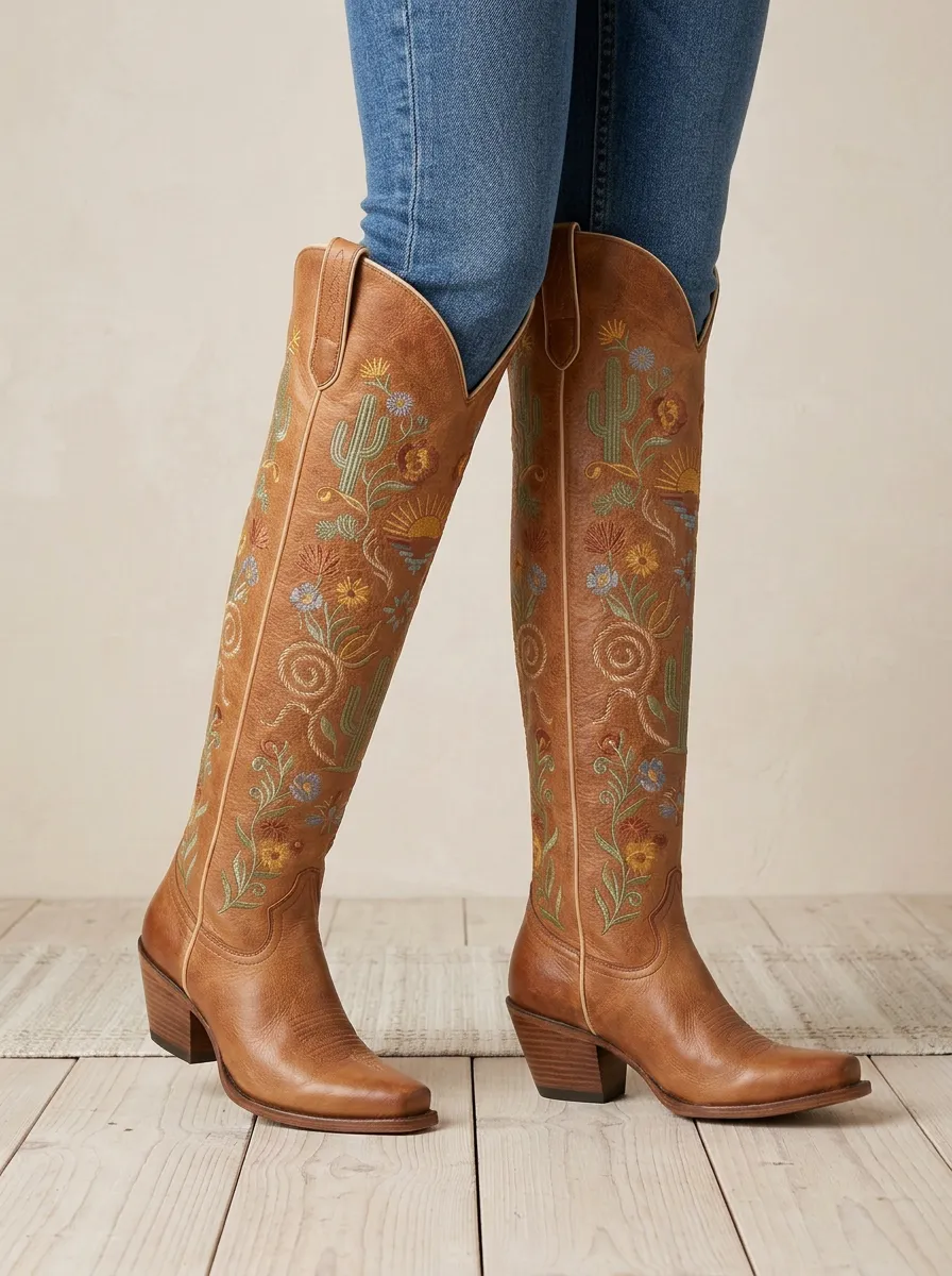 Women's Western Cactus Floral Sun Embroidered Piped Pointed-Toe Denim Over-the-Knee Boots