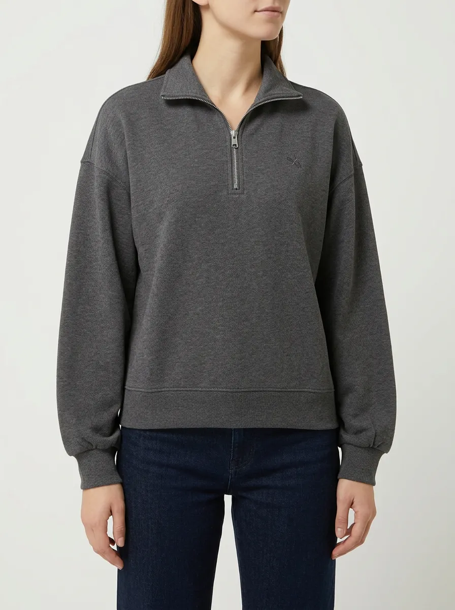 Women's Casual Minimalist Charcoal Grey Quarter-Zip Embroidered Hoodie