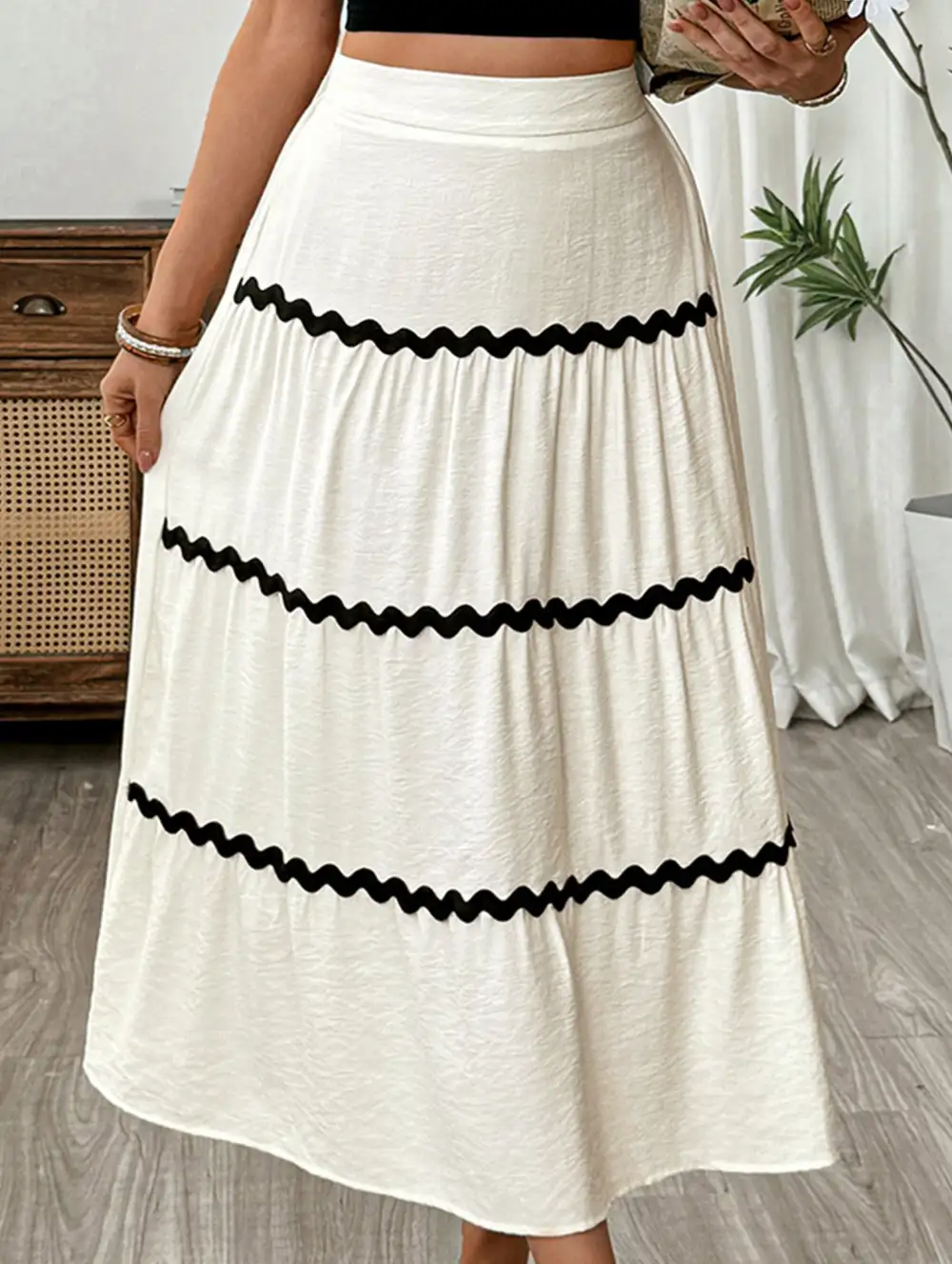 Block Elastic Waist Midi Skirt