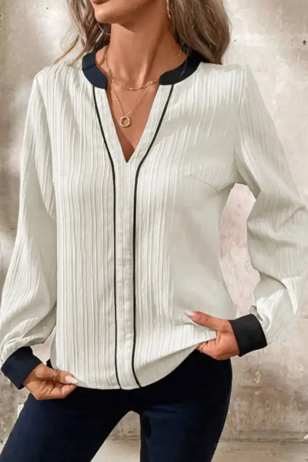 Refined Contrast Notched Long Sleeve Blouse