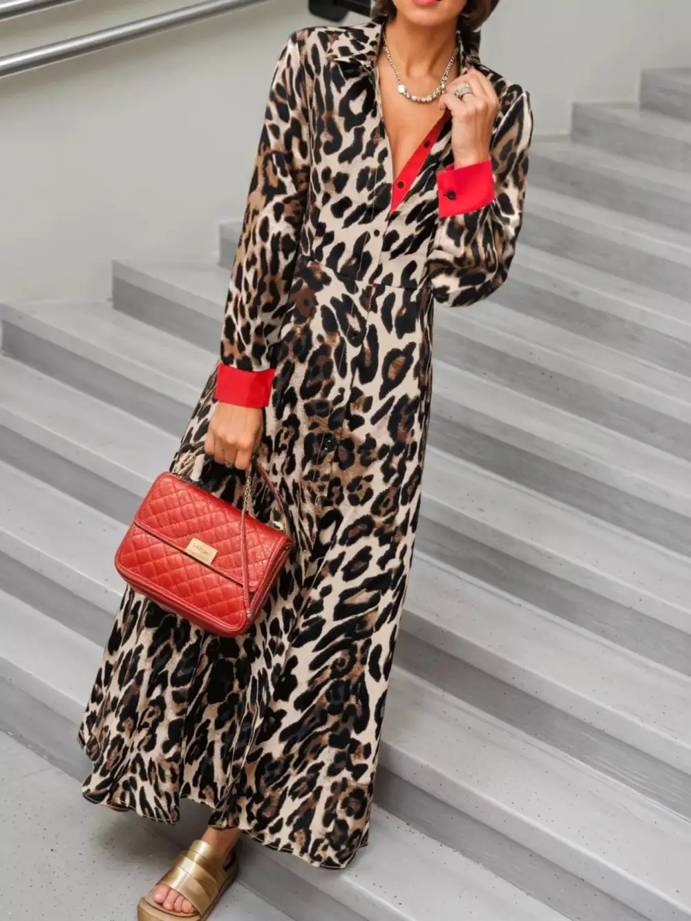 Long Sleeve Printed Colorblock Maxi Dress