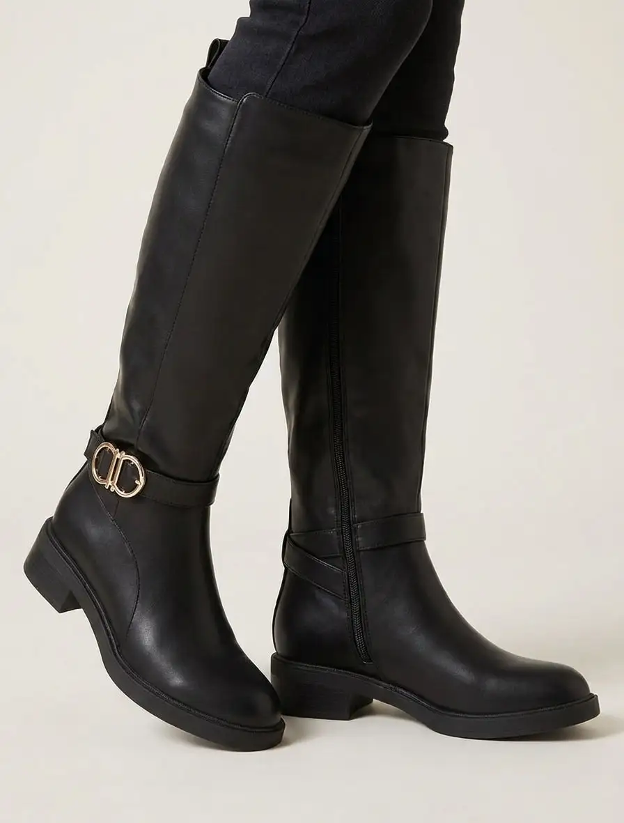 Refined Buckle Detail Block Heel Metal Detail Faux Leather Knee High Boots