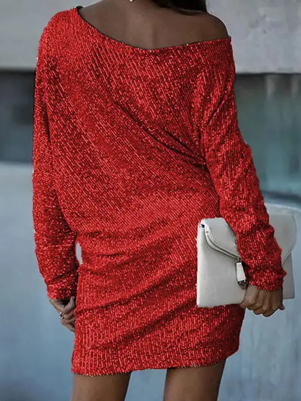 A Line Relaxed Asymmetric Sequined Solid Color One Shoulder Mini Dress