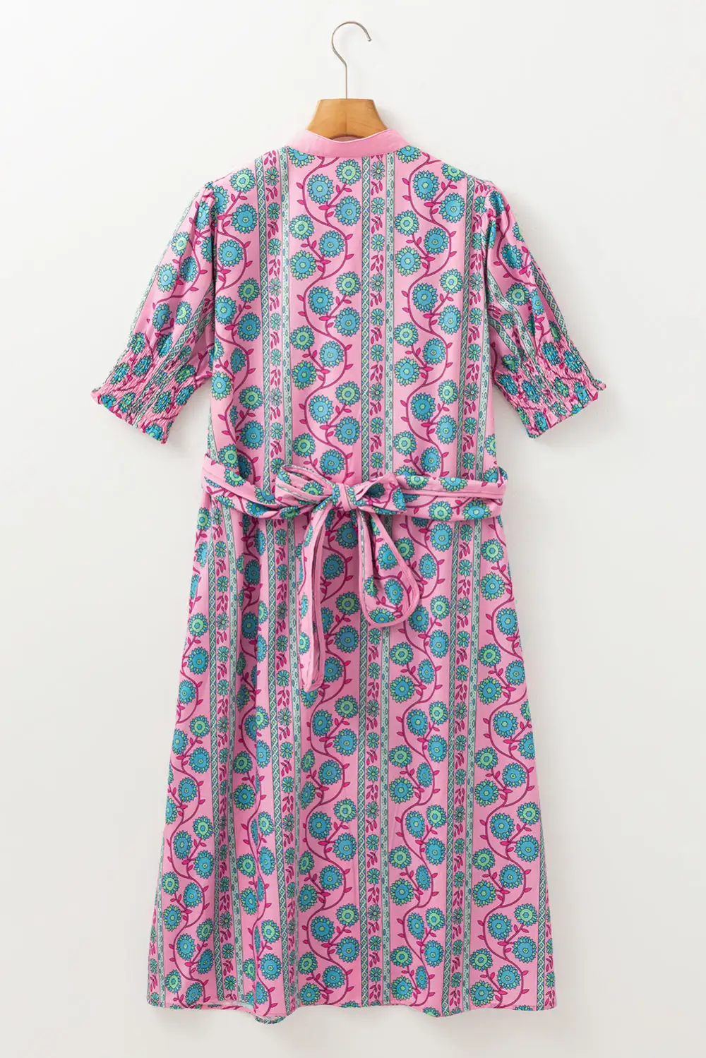 Floral Print Puff Sleeve Button Front Shirred Midi Dress