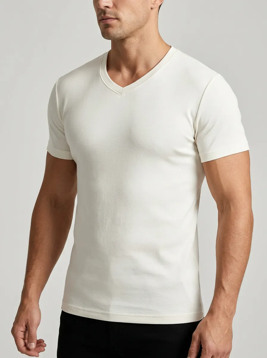 Refined Ribbed V-Neck Style Men's Slim Fit Short Sleeve T-Shirt